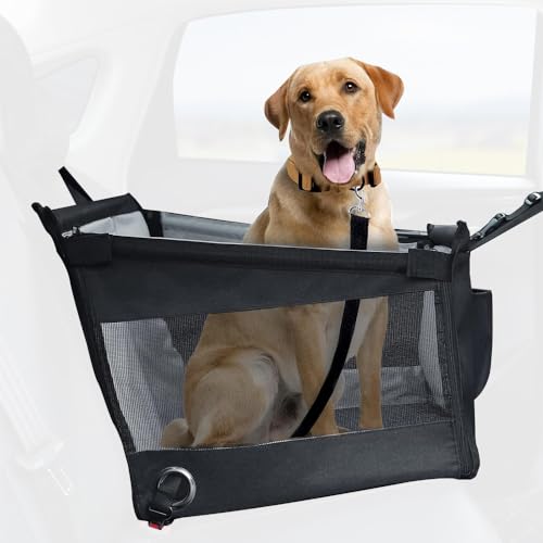 Tissting Seggiolino auto per cani di taglia grande, fondo rigido, lati in rete traspirante, amaca regolabile per auto, borsa da viaggio pieghevole portatile per cani di piccola e media taglia (nero)