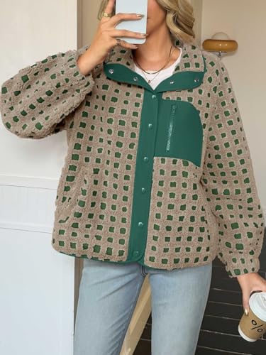 Tankaneo Women Fleece Sherpa Jacket Fuzzy Checkered Button Down Winter Coat - image 3