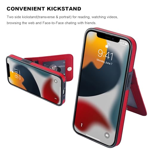 Image of KIHUWEY Compatible with iPhone 13 Case Wallet with Credit Card Holder, Premium Leather Magnetic Clasp Kickstand Heavy Duty Protective Cover for iPhone 13 6.1 inch (Lichee Red)