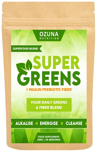 Super Greens Powder, Alkaline Superfoods Smoothie Booster with Inulin Prebiotic Fiber, 40 Servings