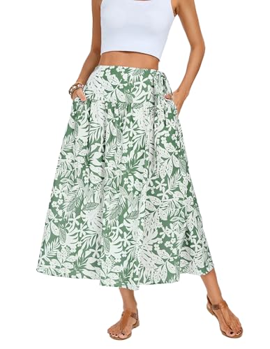 Kate Kasin Women Elegant Summer A-Line Skirt Long Skirt Green Background with White Flowers M