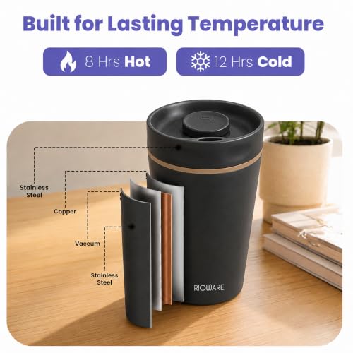 Image of Rioware Vacuum Insulated Coffee Mug Travel Tumbler for Men | Tea Thermos Flask Mugs | Temperature Control Traveling Spill Proof Sipper Bottle | Hot 8 Hrs & Cold 12 Hrs - 350ml - Black