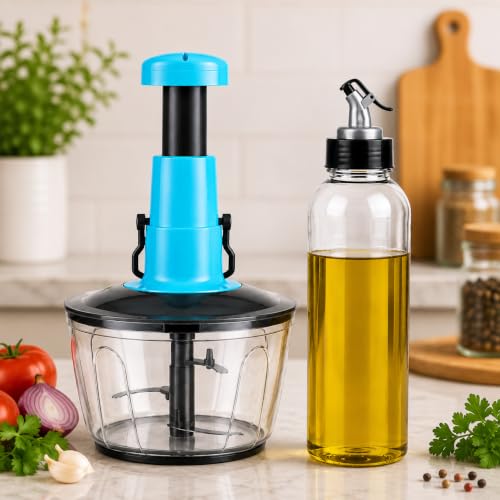 Image of 2-in-1 Kitchen Combo: Manual Vegetable Chopper with Oil Dispenser Bottle, Sharp Blade Cutter for Onion, Tomato & Garlic