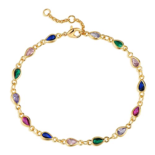 MEVECCO Gold Multi Color Teardrop Bracelet,14K Gold Plated Multicolor CZ Chain Bracelets Dainty Minimalist Handmade Link Bracelet for Women