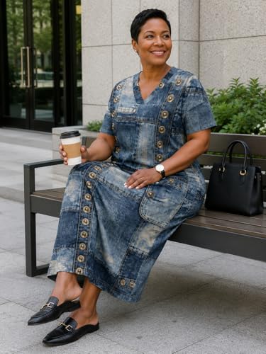 Image of SUZONANA Plus Size Denim Print Maxi Dresses for Women Casual V Neck Short Sleeve with Pockets Soft Jean Look Dress XL-6XL