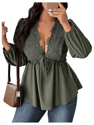 Amazon.com: SOLY HUX Women's Plus Size Lace Blouse Deep V Neck