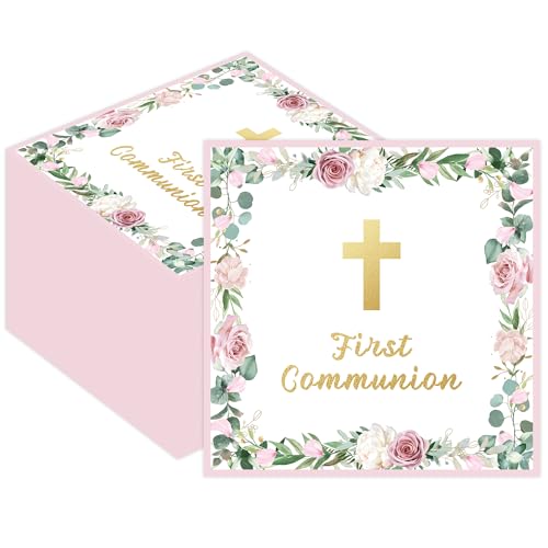 50PCS First Communion Paper Napkins - 6.5 x 6.5 Inch Pink Floral Baptism Luncheon Napkins Religious Christian Disposable Supplies for First Communion Easter Baptism Party Decorations