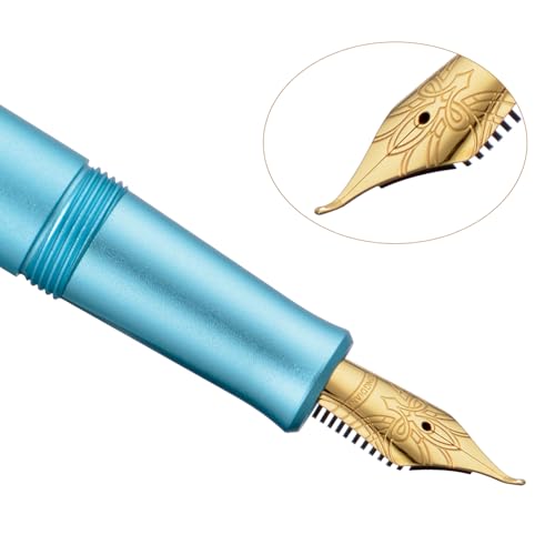 Image of HONG DIAN M2 Black Forest Mini Fountain Pen, Bent Nib & Sleek Shape Aluminium Short Pocket Travel Pen (Lake Blue)