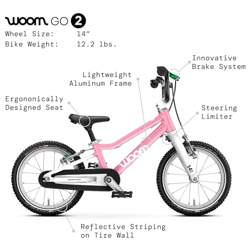 Image of woom GO 2 Bicycle for Children 3 to 4.5 Years Old, 14-Inch Lightweight Bike with Handbrake, Steering Limiter & Chainguard for Boys & Girls