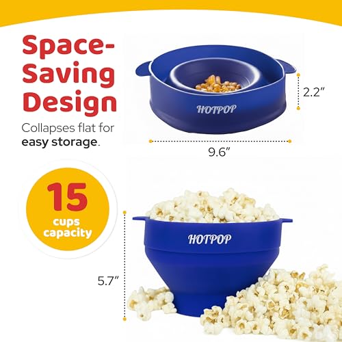 The Original Hotpop Microwave Popcorn Popper, Silicone Popcorn Maker, Collapsible Bowl BPA-Free and Dishwasher Safe- 20 Colors Available (Blue)