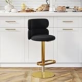 homary Swivel Bar Stool, 21.3'-31.1' Adjustable Height Barstool, Armless Velvet Ktichen Chair with Gold Base, Curved Back Velvet Dining Chair for Kitchen Island, Bar, Black (1-Piece)
