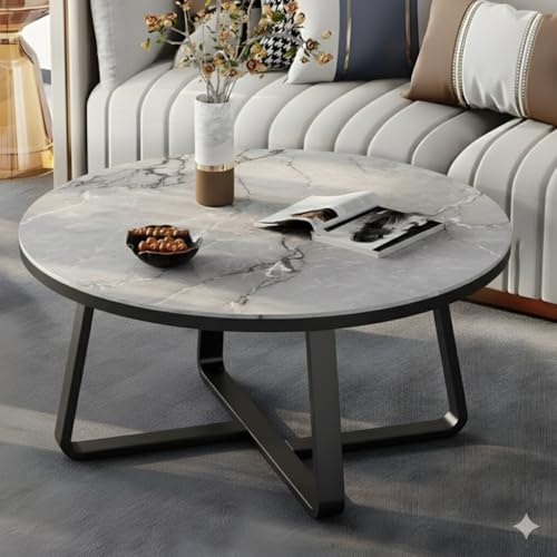 Image of Modern Round Coffee Table with Faux Marble Top and Gold Metal Frame - Contemporary Center Table for Living Room, Small Space Accent Cocktail Table for Apartment (Black & Grey)