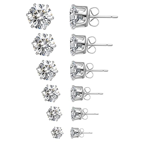 Adramata 6 Pares Pendientes Mujer Hombre Acero Inoxidable Pendientes Hipoalergenicos Piercing Oreja Tragus Cartílago Simulado Diamante Zirconia Cúbica Pendientes Plata Mujer Niña 3mm a 8mm