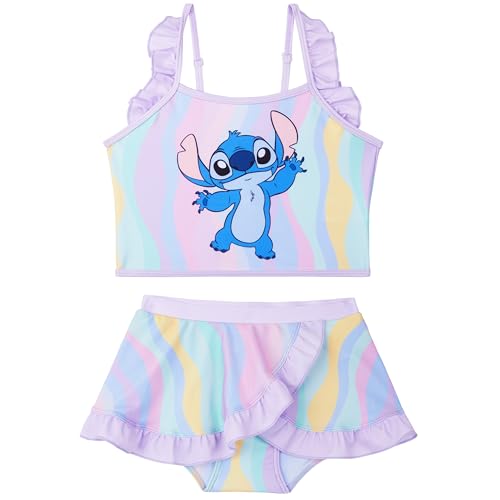 Disney Stitch Bikini Niña 5 14 Años, Conjunto Niña 2 Piezas con Falda, Tirantes Ajustables Top Niña y Braguita Bikini, Ropa de Baño para Niños (9 10 Años, Multi Stitch)
