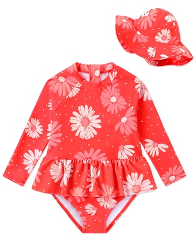 Image of Redair Toddler Girls One Piece Swimsuit Long Sleeve Bathing Suit with Hat UPF 50+ Sun Protection 1-5T