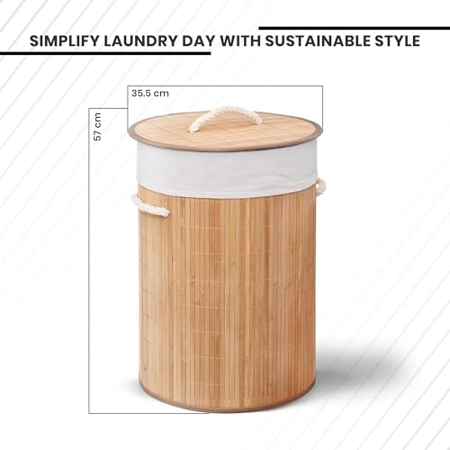 Image of iBELL Foldable 72 Litre Round Bamboo Laundry Basket with Lid | Travel Essential cloth basket | Solid Laundry Basket | Toy storage organiser |(35.5L x 35.5W x 57H)