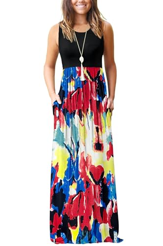 Image of AUSELILY Women's Summer Sleeveless Loose Plain Casual Long Maxi Dresses | Year Round wear solid floral print, Casual daily wear, Empire waist, Floor length, Side pockets New
