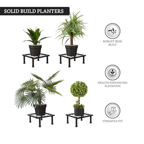 Image of Amazon Brand - Solimo Metal Flower Pot Plant Stands | Set of 4| Heavy Gauge Iron Pot / Gamla Stand | for Home, Balcony, Living Room | Black