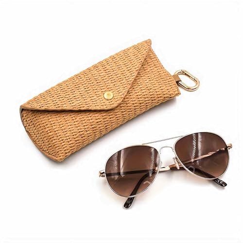 Image of Woven Straw Sunglasses Case, Boho Rattan Soft Bag Eyeglass Travel Glasses Case Hard Shell With Clip Hook, Protective Key Chain Organizer Storage Holder Pouch For Women Men Fashion Accessories Vacation