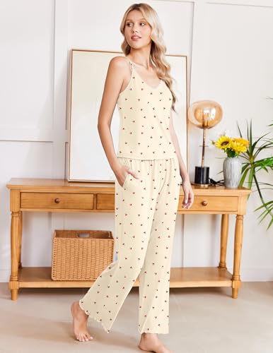 Image of Ekouaer Womens Y2K Cami Pajama Set with Flare Pants, 2 Piece Lace Trim Sleepwear Spaghetti Strap Pjs Set XS-2XL