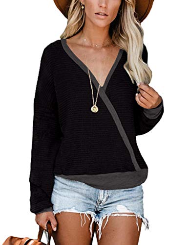 Black Sweaters for Women Long Sleeve Waffle Knit Shirts Sexy Deep V Neck Nursing Tops M