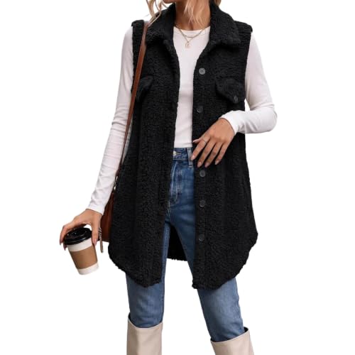 Womens Sherpa Fleece Vest Longline Button Front Flap Pockets Casual Winter - image 9