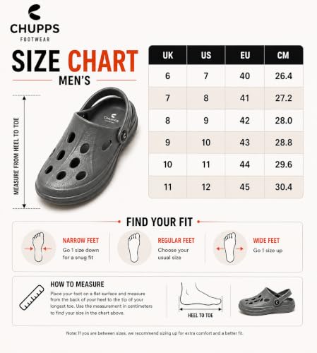 Image of CHUPPS Gator Clogs for Men | Lightweight EVA Clogs | Anti-Slip Sole | Cushioned Footbed | Breathable Ventilation | Adjustable Back Strap | Waterproof Casual Garden Clogs for Men