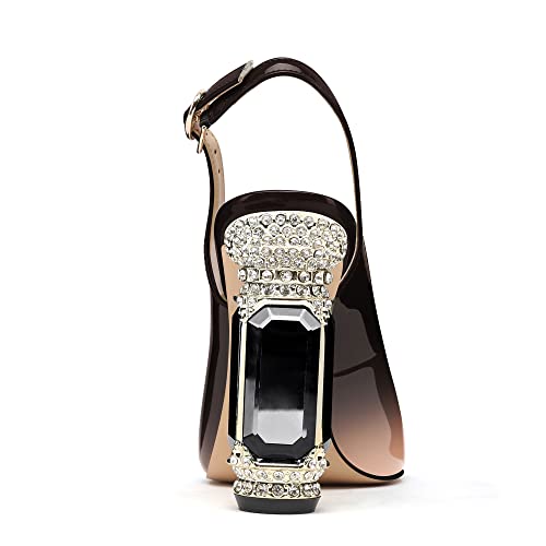 Image of JANSEVEN Women Chunky Heels Pumps Crystal Block Heels with Rhinestones Pointed Toe Sexy Gradient Patent Leather Slip on Bridal Party Wedding Dress Shoes 5-13 M US