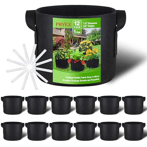 Image of 12-Pack 1 Gallon Nonwoven Grow Bags, Heavy Duty Aeration Fabric Pots with Durable Handles, Come with 12 Pcs Plant Labels