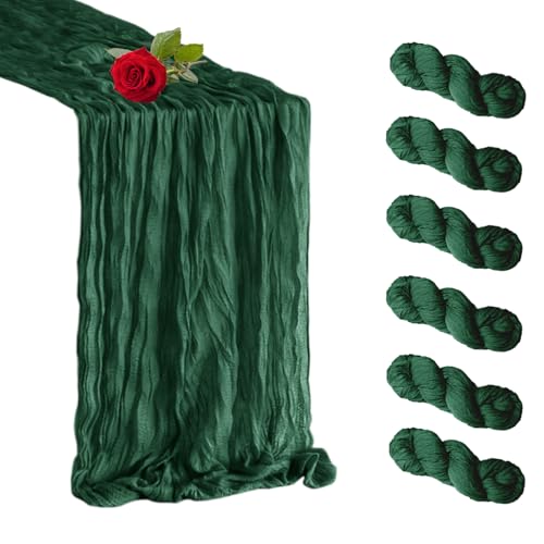6 Pack Emerald Green Cheesecloth Table Runner 35 x 120 inch Boho Rustic Gauze Table Runner 10 FT Long, Semi Sheer Cheese Cloth Runner for Wedding Party Banquet Baby Shower Birthday Decoration