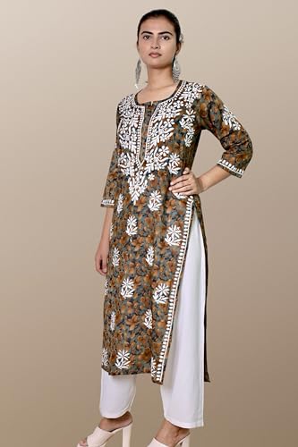 Image of KASANI Hand Embroidery Plus Size Chikankari Kurta for Women Rayon Straight Chikan Kurti