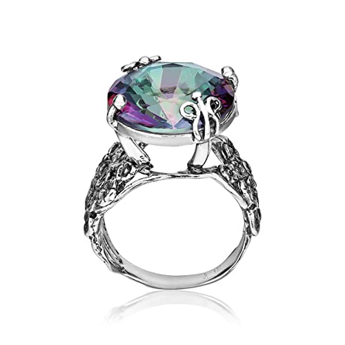 925 Sterling Silver Wide Band Ring W/ Mystic Bold Oval Round Cubic Zirconia Floral Show Stopper Hypoallergenic, Nickel And Lead-Free, Artisan Handcrafted Designer Collection, Made In Israel #TOP4