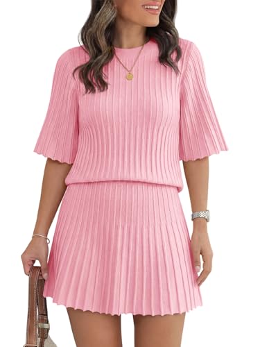 Saodimallsu Womens Sweater Sets 2 Piece Outfits Summer Half Sleeve Ribbed Knit Top and Pleated Skirt Set Lounge Set