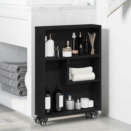 HETFTJN Schrank Schmal Schwarz Eiche 48x13x68 cm Holzwerkstoff Mobiles Regal mit Rollen und Verstellbaren Regalen für Badezimmer Küche Abstellraum