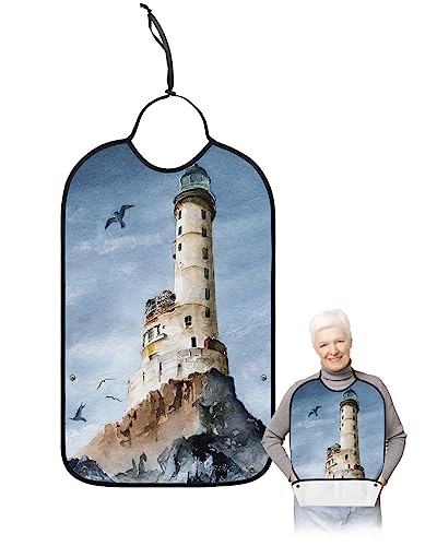 Light-House Adult Bib for Eating with Crumb Catcher,Washable & Waterproof Terry Cloth Adjustable Elderly Women Men Adult Bibs Funny Apron Clothing Protector Ocean Seabird Summer Beach Sea Gull