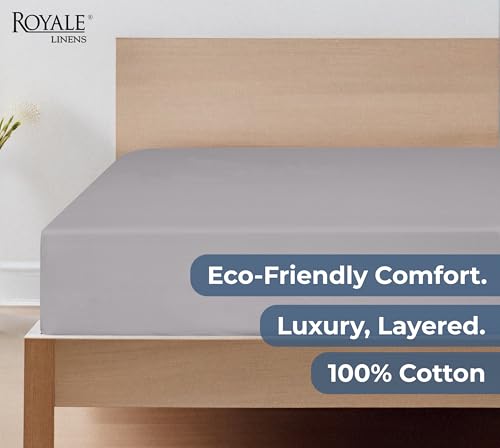 Image of Royale Linens 100% Organic Cotton Fitted Sheet - Percale Weave - Super Soft Deep Pocket Bottom Sheets - Elastic Sheet Queen Size - Queen Fitted Sheets Only - (60 inchx80 inch+15 inch, Silver)