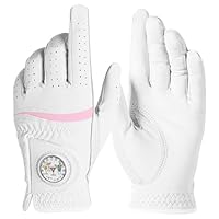 LOVMEAD Damen-Golfhandschuhe aus hochwertigem Leder 1er-Pack mit Ballmarker, Handschuhe mit Allwetter-Griff für Leistung, atmungsaktiver Anzug für Links und Rechtshänder (Weiß, M, Links)
