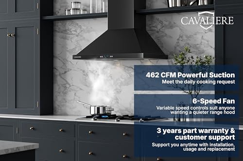 Image of CAVALIERE Value-Focused 462 CFM Wall Mount Range Hood 30 Inch, 3-Year Warranty, Enhanced Stainless Steel, Ducted /Ductless Range Hood Convertible (Kit Included) LED Lights, Baffle Filter, Touch Control