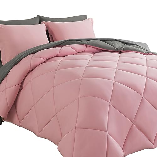 Cosybay Bed in a Bag Queen Comforter Sets 7pcs All Season Solid Down Alternative Bedding Sets Pink and Grey with Comforter Pillow Shams Flat Sheet Fitted Sheet and Pillowcases