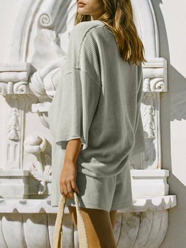 Image of Tankaneo Womens Short Sets 2 Piece Outfits 3 /4 Sleeve Tops and Elastic Waist Shorts Lounge Set Casual Loungewear