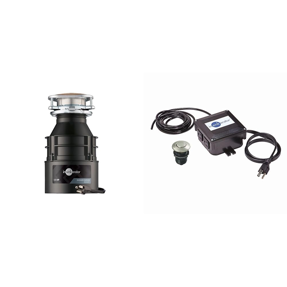 InSinkErator Garbage Disposal with Power Cord, Badger 1, Standard Series, 1/3 HP Continuous Feed, Black + Air Switch