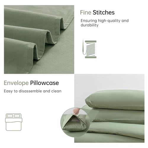 Image of JELLYMONI Light Green Duvet Cover Full Size - 100% Washed Cotton Linen Like Textured Comforter Cover, 3 Pieces Breathable Soft Bedding Set with Zipper Closure (Light Green, Full 80 inchx90 inch)