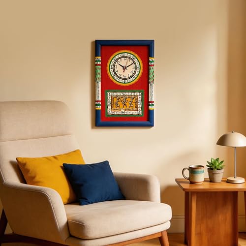 Image of AAKRITI ART CREATIONS Wall Clock Handcrafted Warli Art Red Dial with Glass Frame Blue, Red | Wall Clock for Home, Home Decoration | Lightweight Wooden wall Decor | Matte Finish