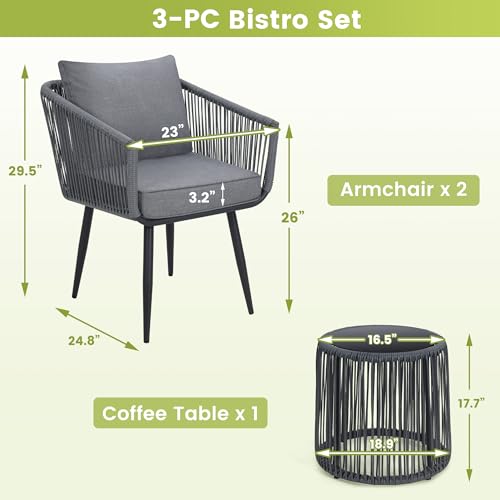Image of Kromax 3-Piece Patio Rattan Bistro Conversation Set, Grey | Outdoor All-Weather Wicker Furniture Chairs and Side Table Set, Ideal for Balcony, Porch and Backyard
