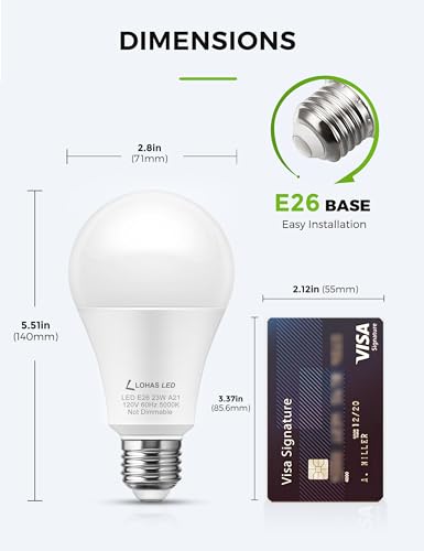 LOHAS Super Bright White LED Light Bulb, A21 23W(150-200Watt Equivalent), 2500 High Lumen, 5000K Daylight White, Garage Light Bulbs, E26 Porch Light Bulb, Non-Dim, No Flicker for Home Lighting, 2-Pack