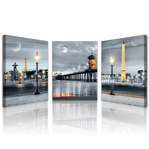 Lapremoly Large Wall Art for Living Room Modern Framed Canvas Wall Decor for Bathroom Family Bedroom Wall Decorations Night View Paintings Kitchen Canvas Art Hang Pictures Artwork 3 Pieces Poster
