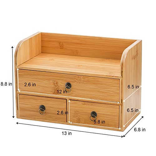 Nicunom Bamboo Desk Organizer, 3-Tier Bamboo Tabletop Storage Organization Multifunctional Desktop Organizer With Drawers For Home Office Toiletries Supplies Vanity thumb #2