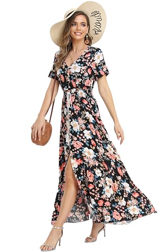 Image of VintageClothing Women's Floral Maxi Dresses Boho Button Up Split Summer Casual Long Dress Beach Party Dress