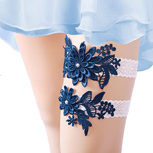 Loiahoer Giarrettiera Matrimonio,Giarrettiere da Sposa di Pizzo Margherita Perline Fatto a Mano,Eleganti Giarrettiere Accessori per le Signore Damigella D'onore da Sposa,Blu Navy