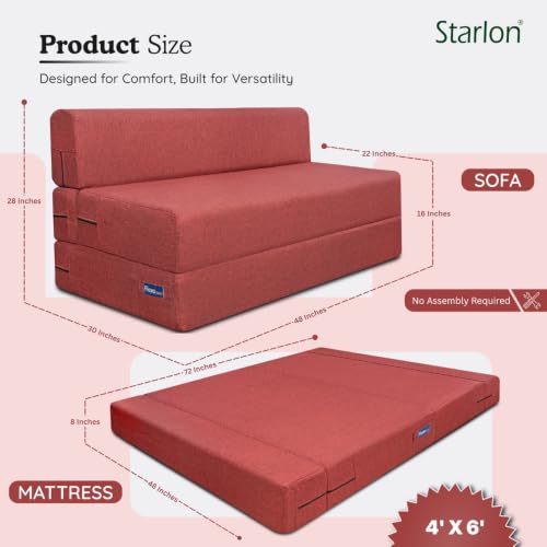 Image of Starlon 3 Seater Foldable Sofa Cum Bed 3-in-1 with 2 Geometrical Pattern Pillows, Washable Jute Fabric Cover, Space Saving Guest Bed, Pre-Assembled Royal Maroon 5x6 Ft